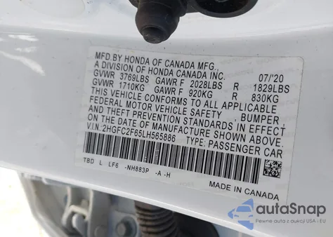 2020 Honda Civic Lx z USA, uszkodzony, nr VIN 2HGFC2F65LH565886